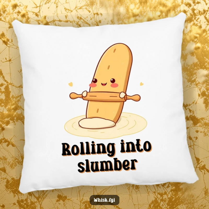 Funny pillow showing a gleeful baguette rolling dough with a tiny rolling pin, offering comfort and a humorous, baking-themed design.