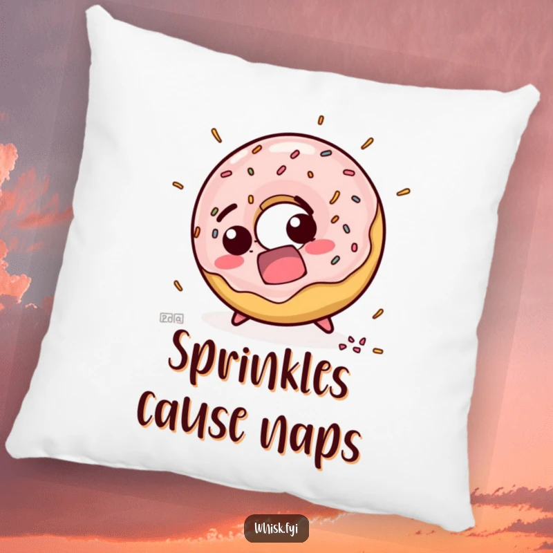 Funny pillow depicting a startled doughnut character tripping, sprinkles scattering, offering a soft and humorous addition to any seating area.