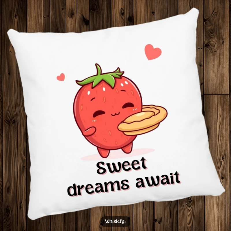 Funny pillow with a shy, blushing strawberry character holding a delicious baked pie, offering comfort and a touch of sweetness.