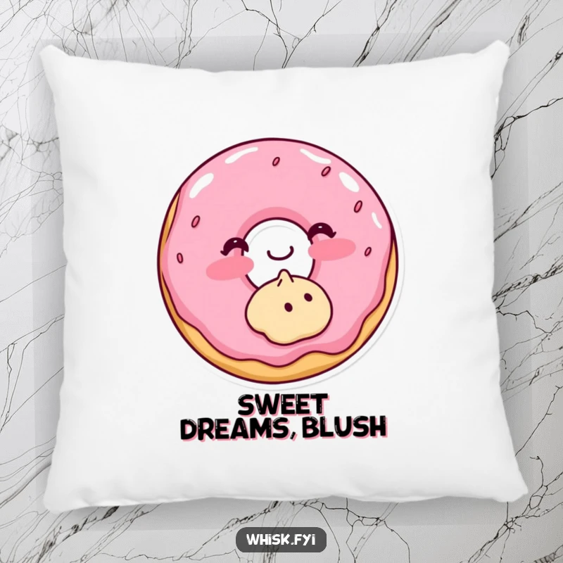 Funny pillow design of a blushing donut frosting a cookie, offering sweet comfort and shy charm.