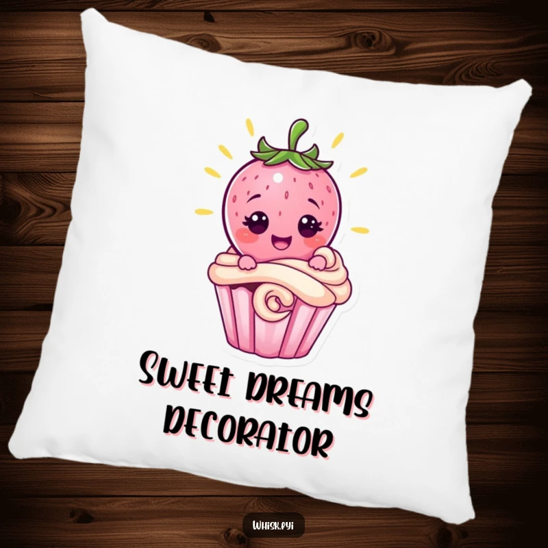 Funny pink strawberry character with a proud grin decorating a cupcake on a soft pillow, a delightful baking humor accent.