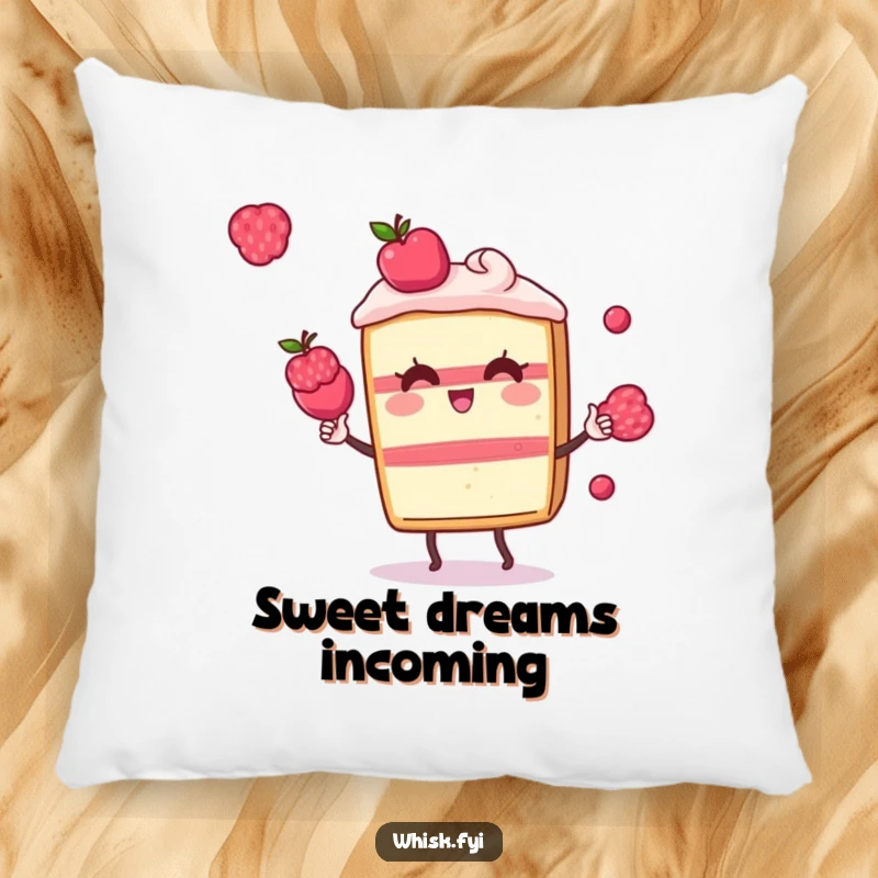 Funny Kawaii cake pillow, featuring a cute cake slice character juggling berries, offering sweet comfort and humor.