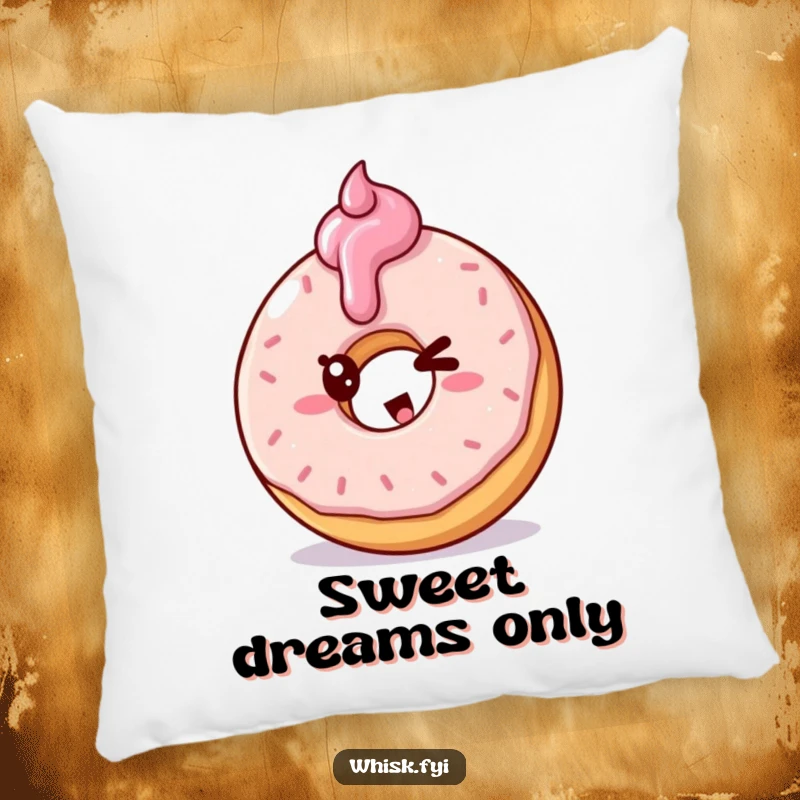 Funny pillow with a mischievous doughnut winking while frosting another doughnut, ideal for comfort.