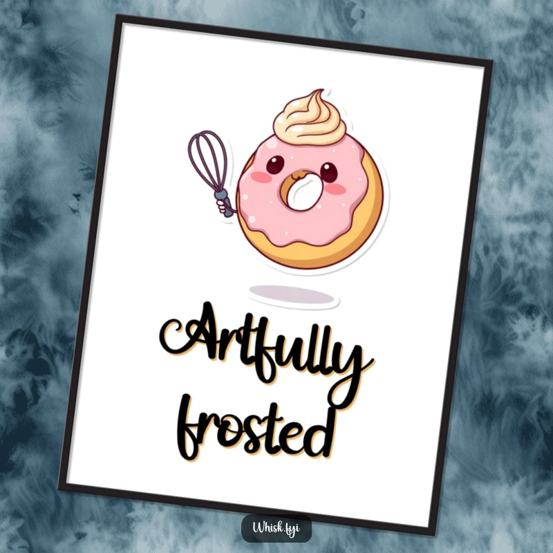 Funny donut character in the process of swirling frosting with a whisk, available as a digital art print for charming home decor.