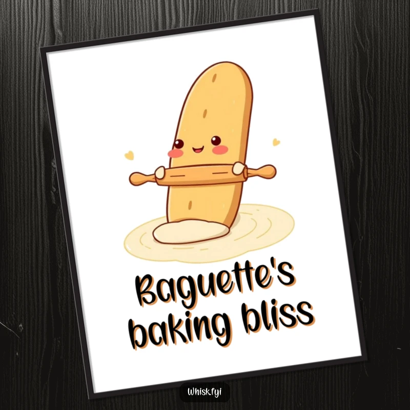 Funny digital art print of a gleeful baguette rolling dough with a tiny rolling pin, offering humorous and charming baking-themed wall decor.