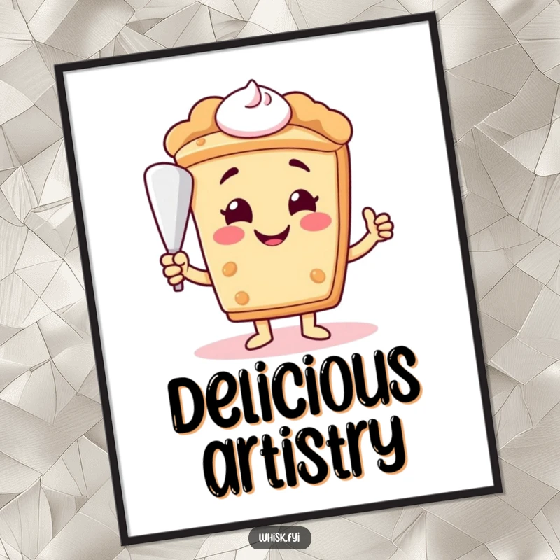 Funny smiling slice of pie character offering a piping bag, presented as a delightful digital art print.