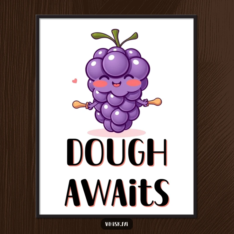 Funny blushing purple grape character with tiny arms joyfully rolling out dough with a small pin, instant art.