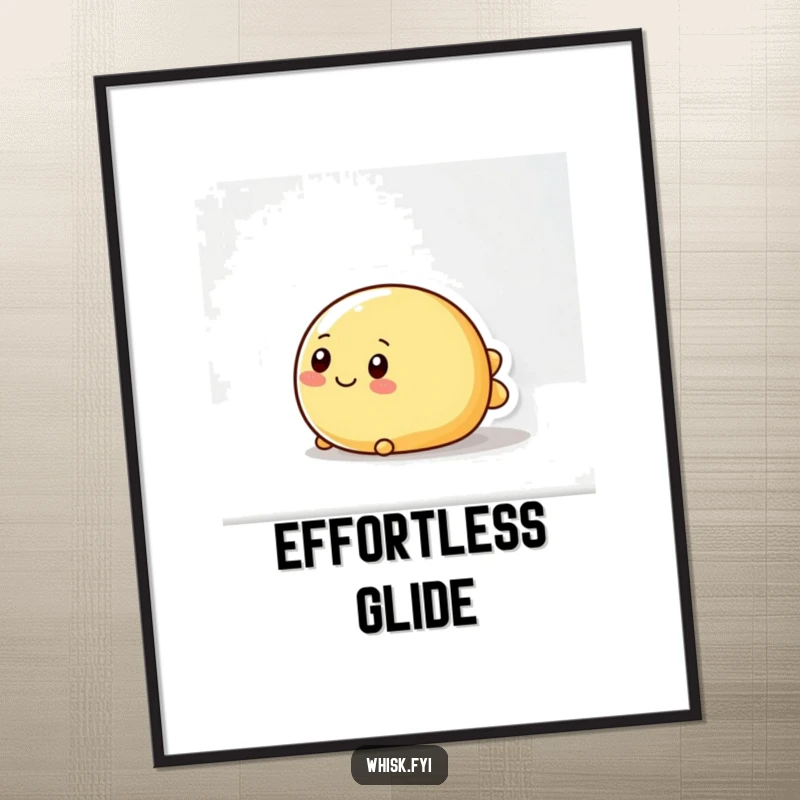 Funny digital art print of a wobbly, round butter character happily sliding across a surface, adding whimsical kitchen charm.