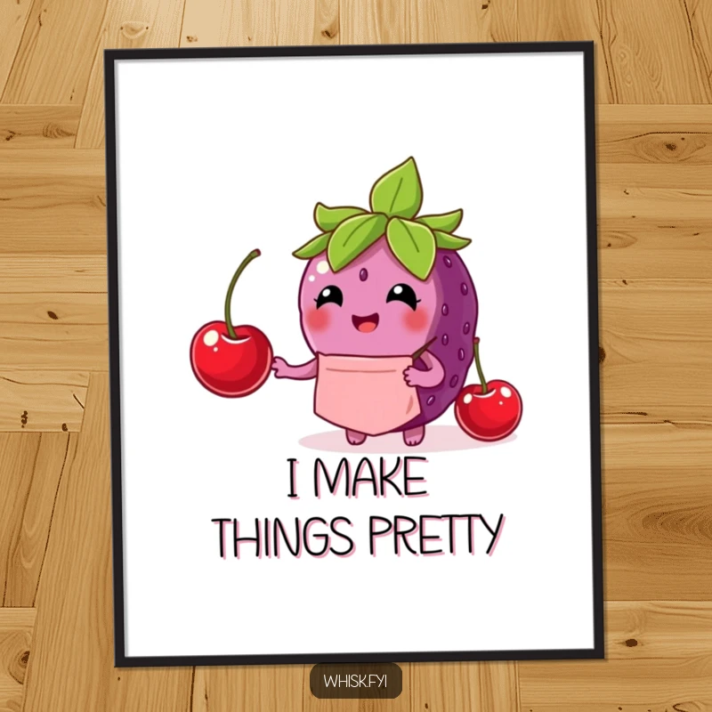 Funny berry digital art print of a delighted berry chef carefully placing a cherry, adding a humorous touch.