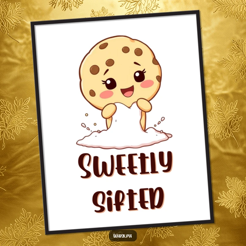 Funny digital art print of a giggling cookie character sifting flour, perfect for instant kitchen decor and humor.