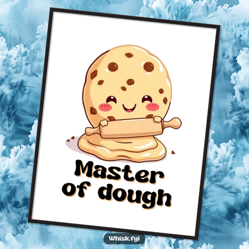 Funny digital art print of a happy cookie character with a tiny rolling pin, making dough, for wall decor.
