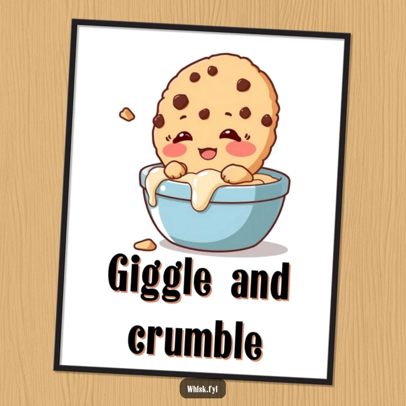 Funny digital art of a giggling cookie happily crumbling slightly as it's dunked, capturing pure cookie joy.