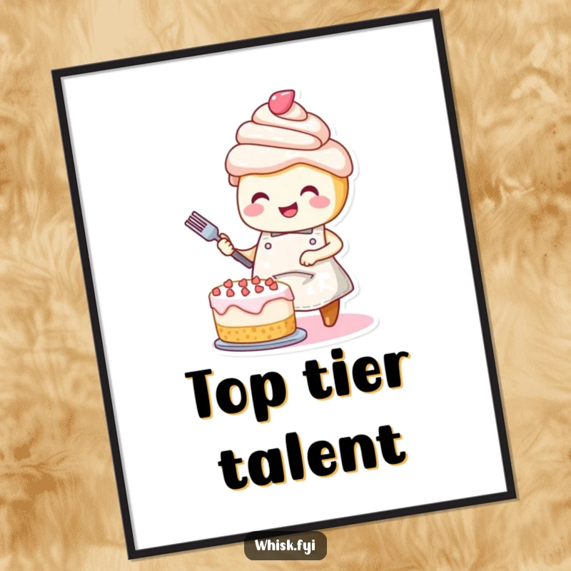 Funny digital art: A smiling cupcake wearing an apron, joyfully decorating a cake, ready for display.