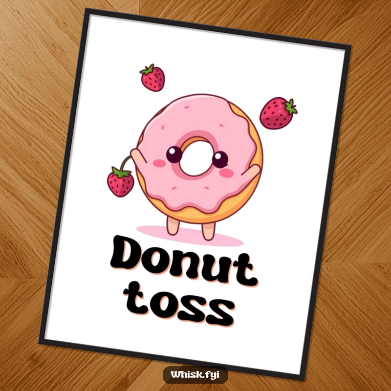 Funny digital art print of a playful donut character tossing a berry, embodying sweet, lighthearted fun.