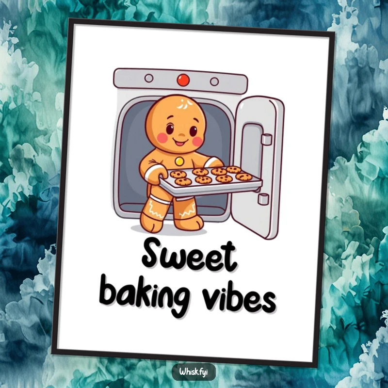 Funny digital art print of a playful gingerbread man expertly sliding a cookie tray from an oven, adding kitchen charm.