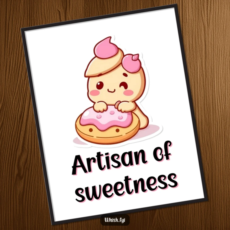 Funny Kawaii cookie character humorously delighted and icing another cookie on a digital art print, promoting sweet creativity.