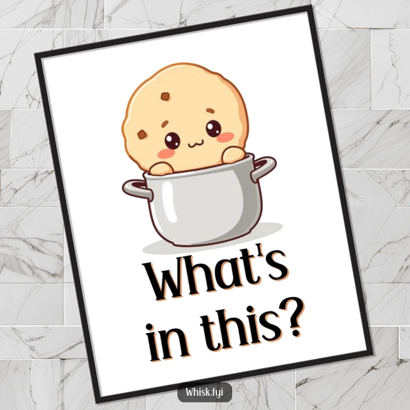 Funny kawaii cookie digital art print of a curious cookie character stirring a pot.