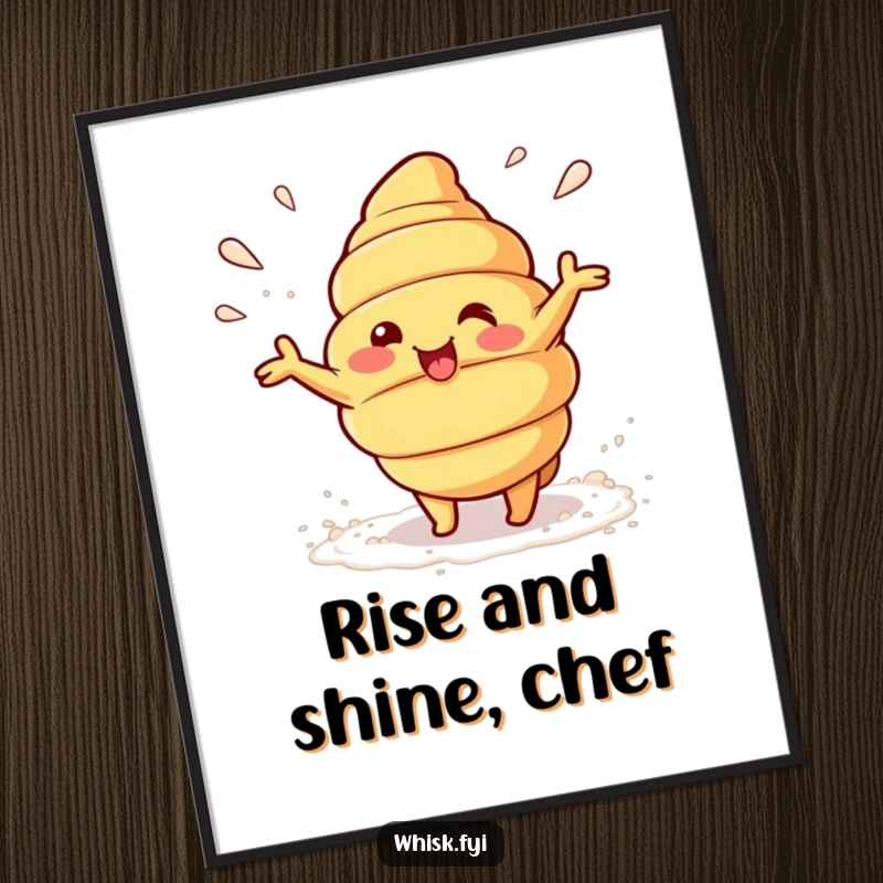 Funny Kawaii croissant character humorously beaming and tossing flour on a digital art print, promoting kitchen joy.