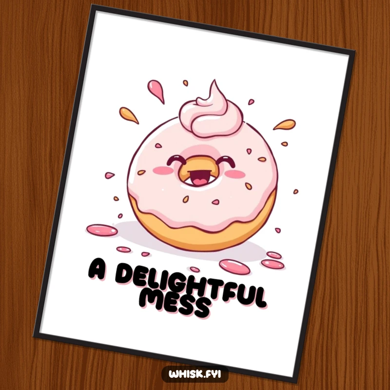 Funny kawaii donut joyfully splattering frosting with playful abandon, as a downloadable digital art print. Sweet and humorous wall decor.