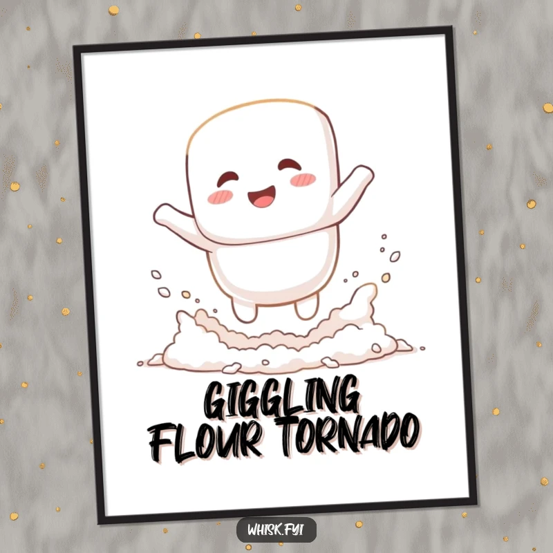 Funny giggling white marshmallow character happily jumping into a cloud of flour, available as instant download digital art print.