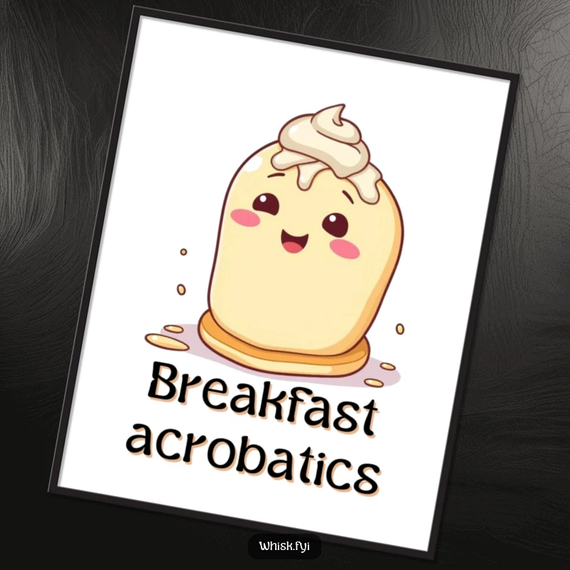 Funny digital art print of a happy pancake character attempting to flip itself, frosting splattered, embodying breakfast fun.
