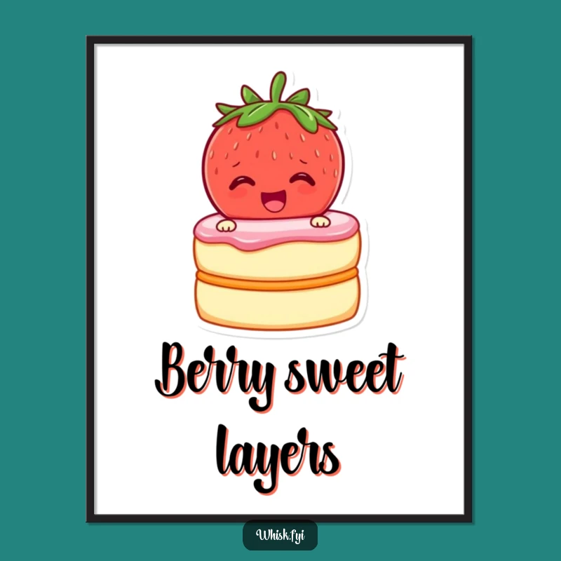 Funny Strawberry Baker Digital Art Print: Cheerful Fruit Zipping Cake Layers Decor