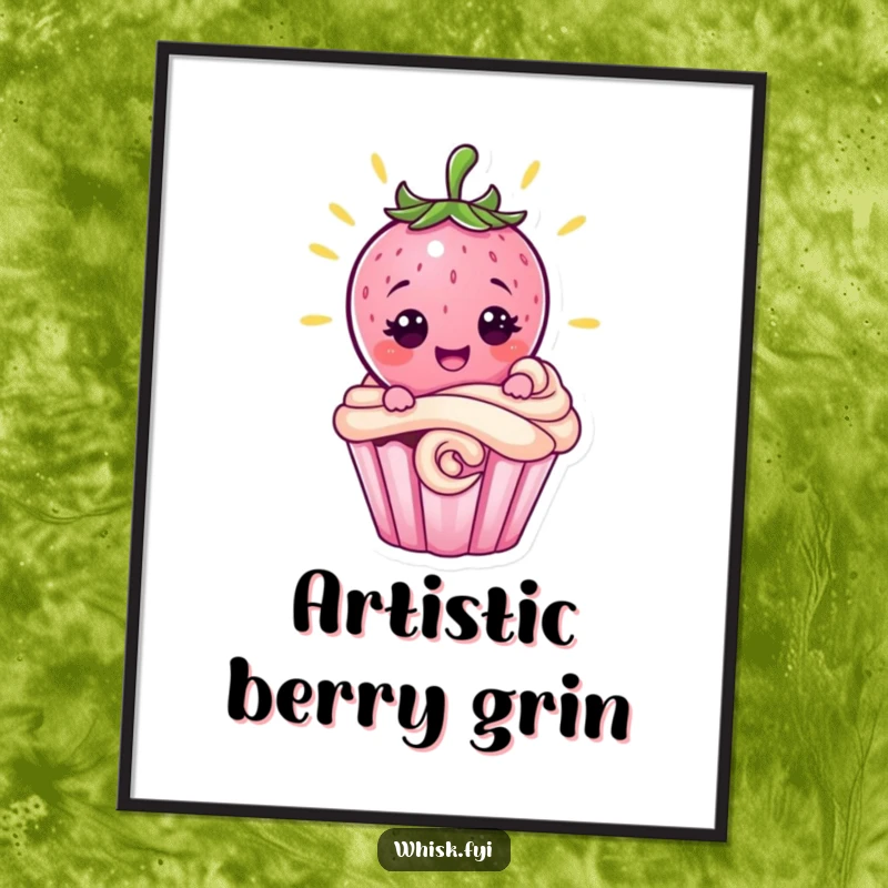 Funny radiant pink strawberry character proudly grinning while decorating a cupcake, available as instant download digital art print.
