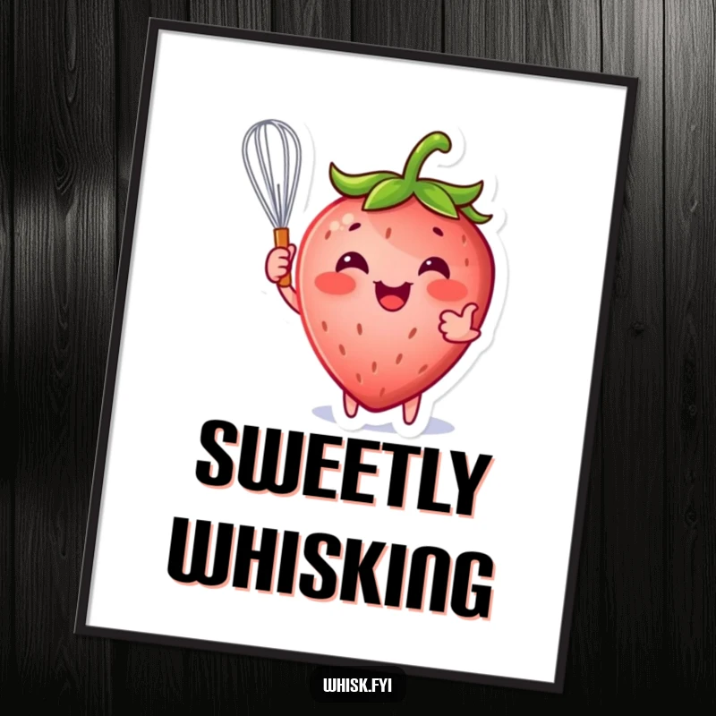 Funny strawberry digital art print of a happy strawberry character playfully holding a whisk, ready to add sweetness.