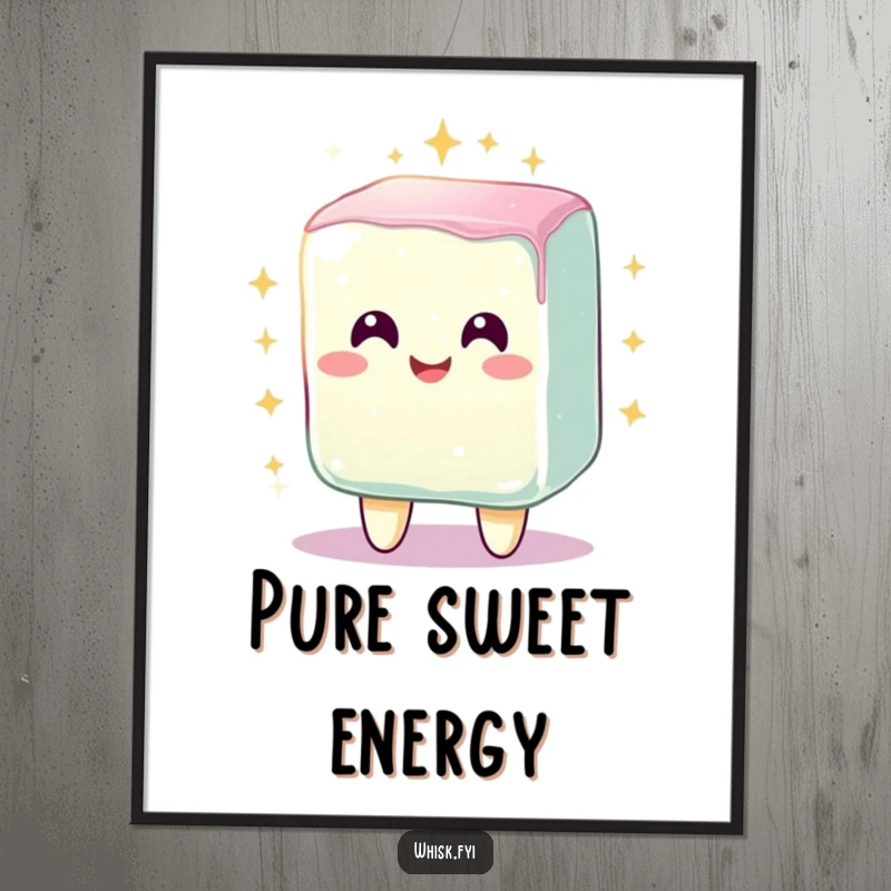 Funny digital art print of a radiant, smiling sugar cube character sparkling brightly after being mixed, adding cheerful charm.