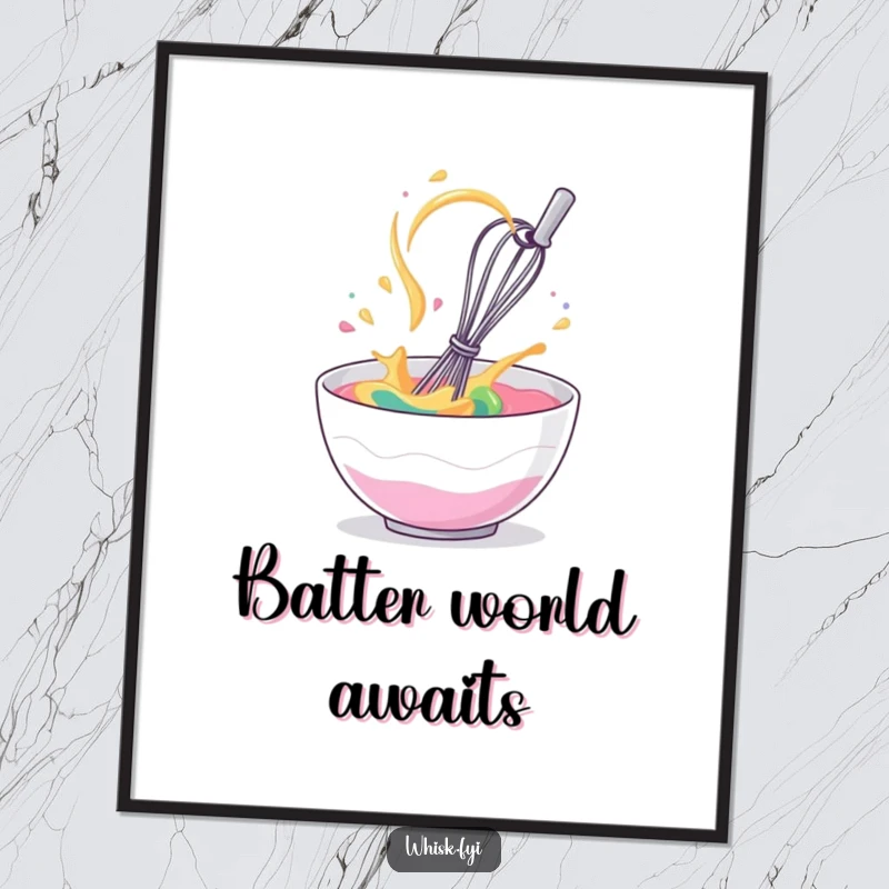Funny digital art of a giggling whisk spinning in a bowl of batter, for vibrant kitchen decor.