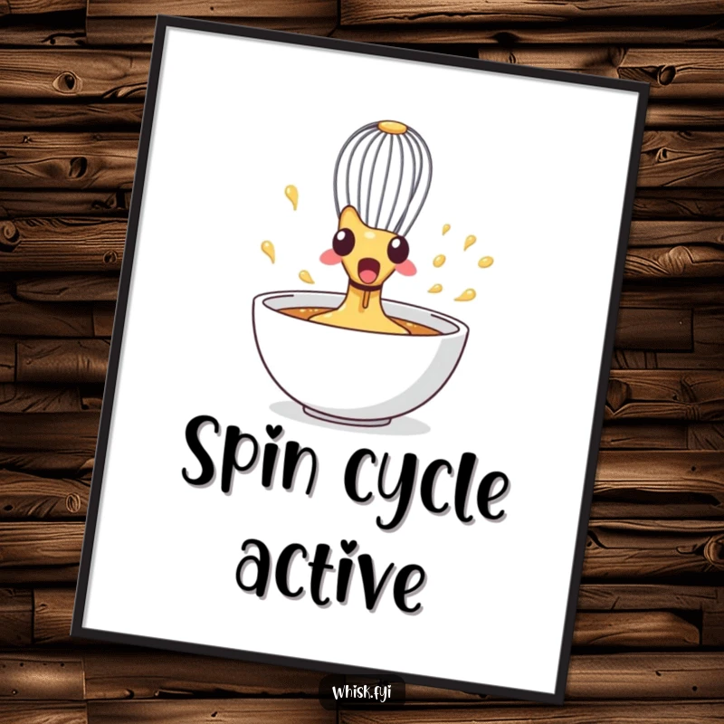 Funny Whisk Digital Art Print featuring a surprised whisk spinning wildly in a bowl, symbolizing energetic kitchen moments.