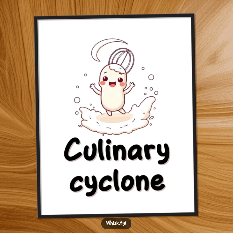 Funny, happy whisk character playfully twirling within a cloud of flour, available as a downloadable digital art print for kitchens.