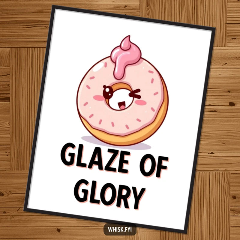 Funny digital art print of a winking doughnut character frosting another doughnut, ideal for wall decor.