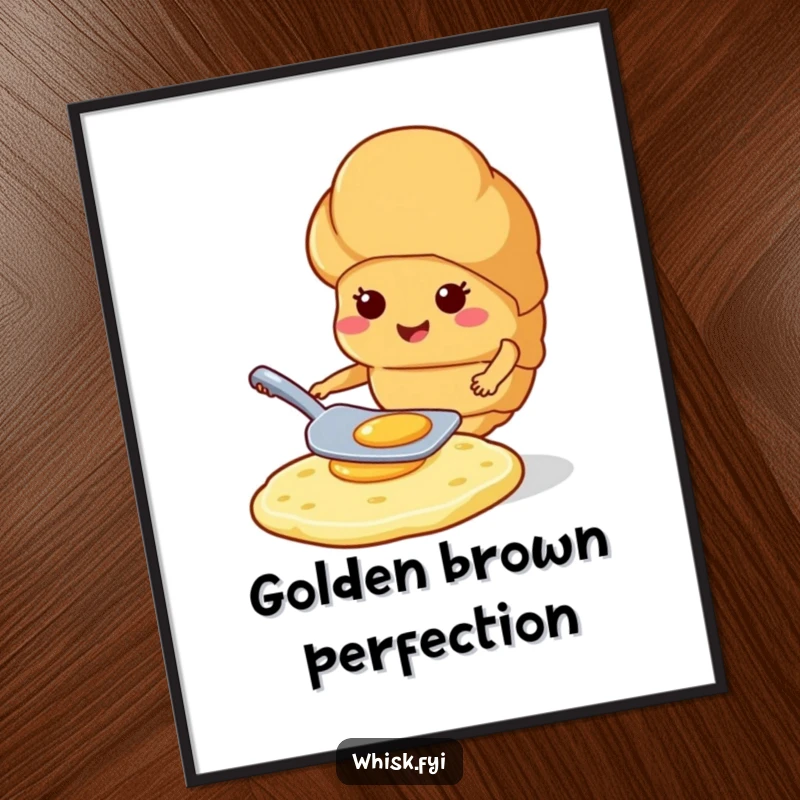 Funny smiling croissant expertly flipping a pancake with a spatula on a humorous digital art print.