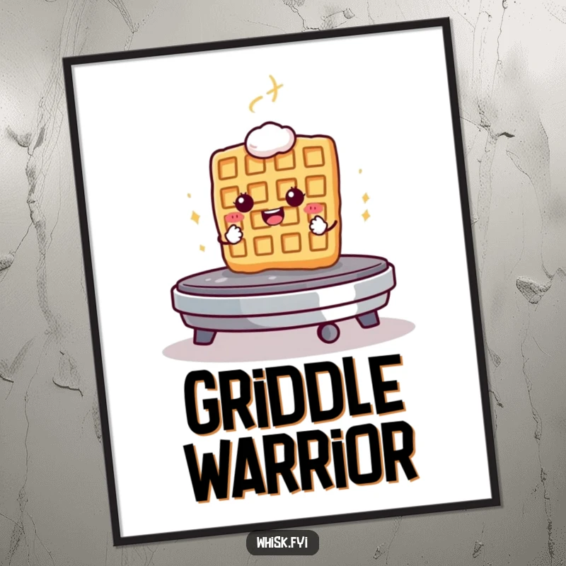 Funny digital art of a determined waffle bravely facing a hot griddle, capturing the spirit of morning courage.