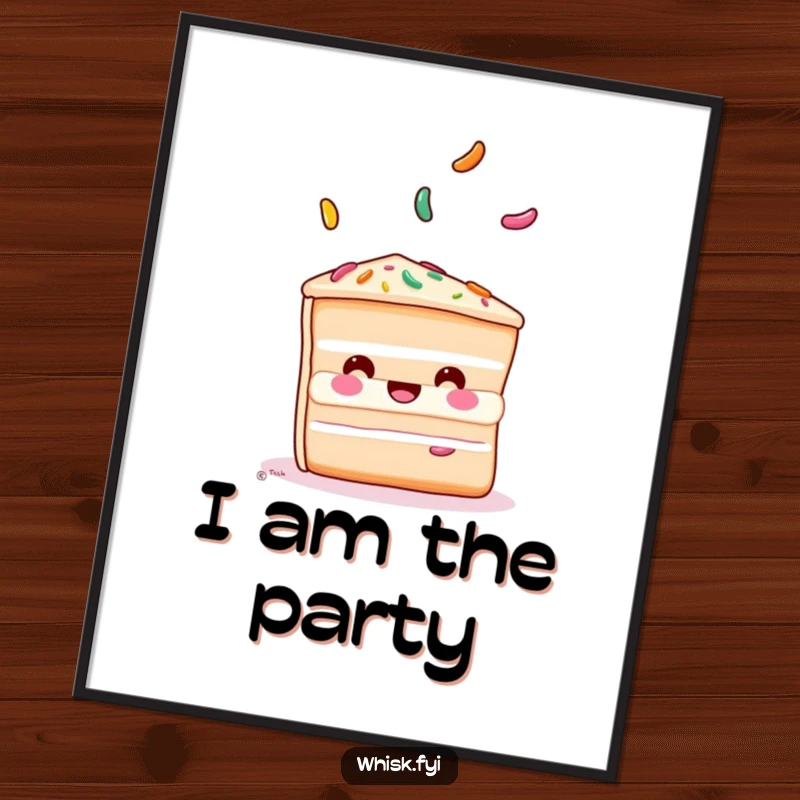 Funny cake digital art print of a playful slice of cake juggling colorful sprinkles, adding a humorous touch.
