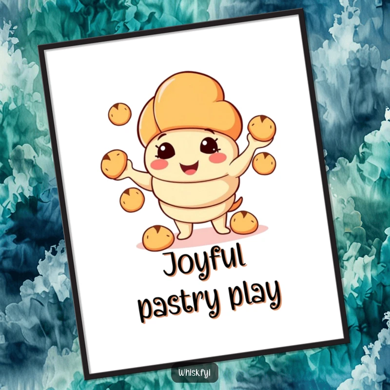 Funny digital art print of a smiling croissant character juggling tiny bread rolls with enthusiasm, perfect for kitchen decor.