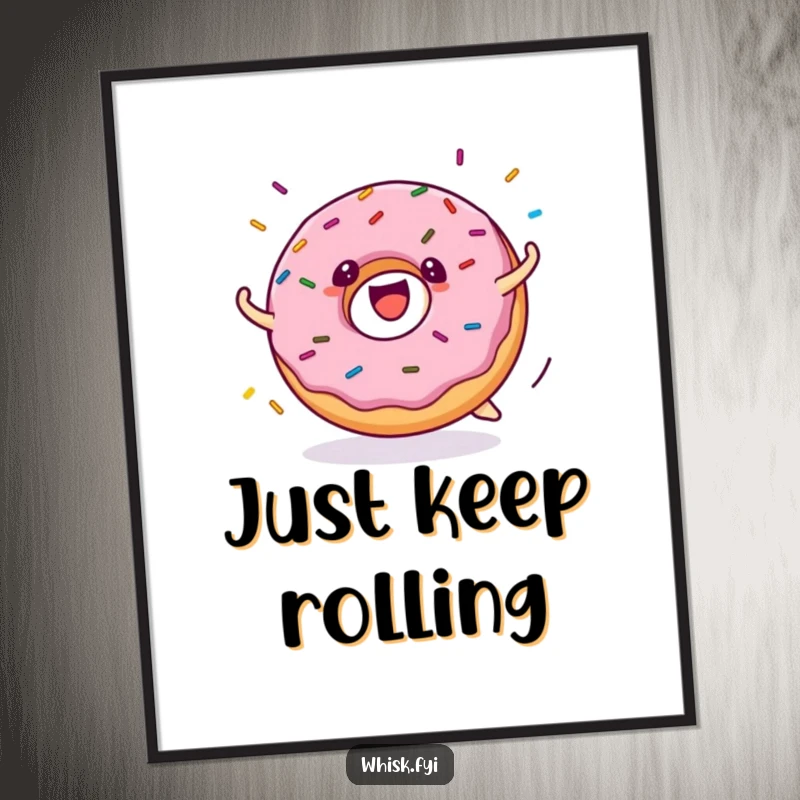 Funny donut digital art print of a cheerful donut character rolling with sprinkles flying dynamically, ideal for instant download.