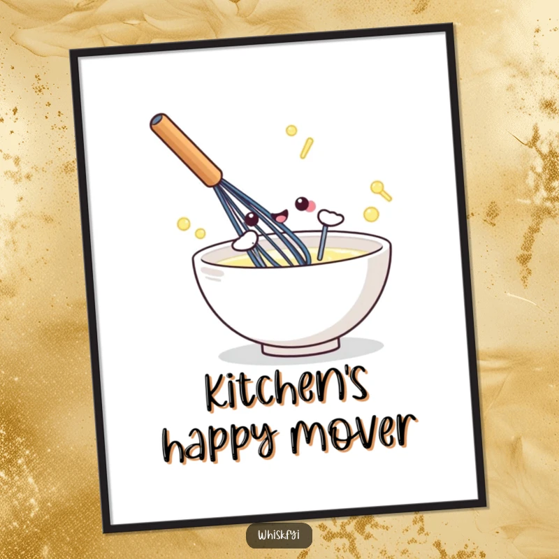 Funny kawaii digital art print of a whisk creating energetic swirls, symbolizing baking fun.