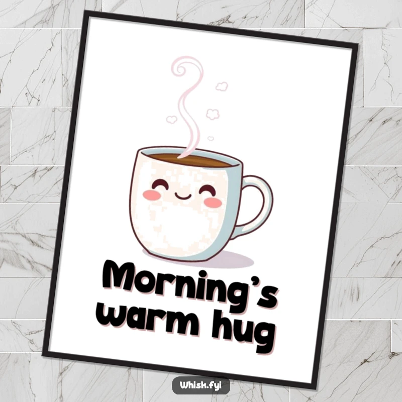 Funny kawaii digital art print of a coffee mug with cheerful steam clouds, conveying happiness instantly.