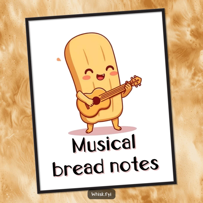 Funny baguette digital art print of a delighted baguette character playing a miniature pastry guitar, ideal for instant download.