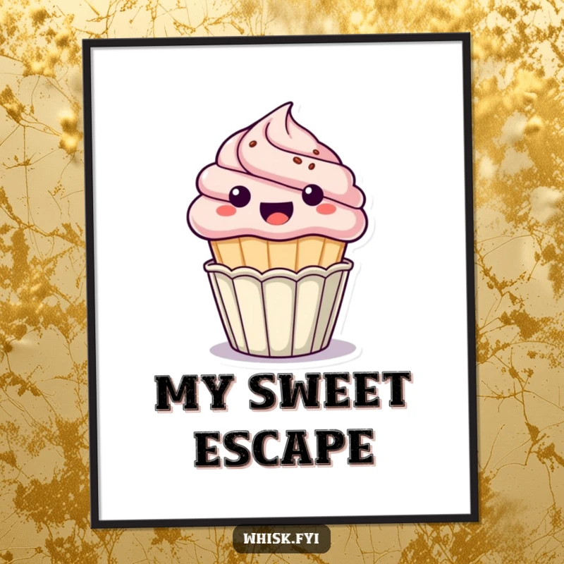 Funny kawaii cupcake digital art print, excitedly popping out of its paper cup, instant hilarious decor for walls, perfect funny gift.