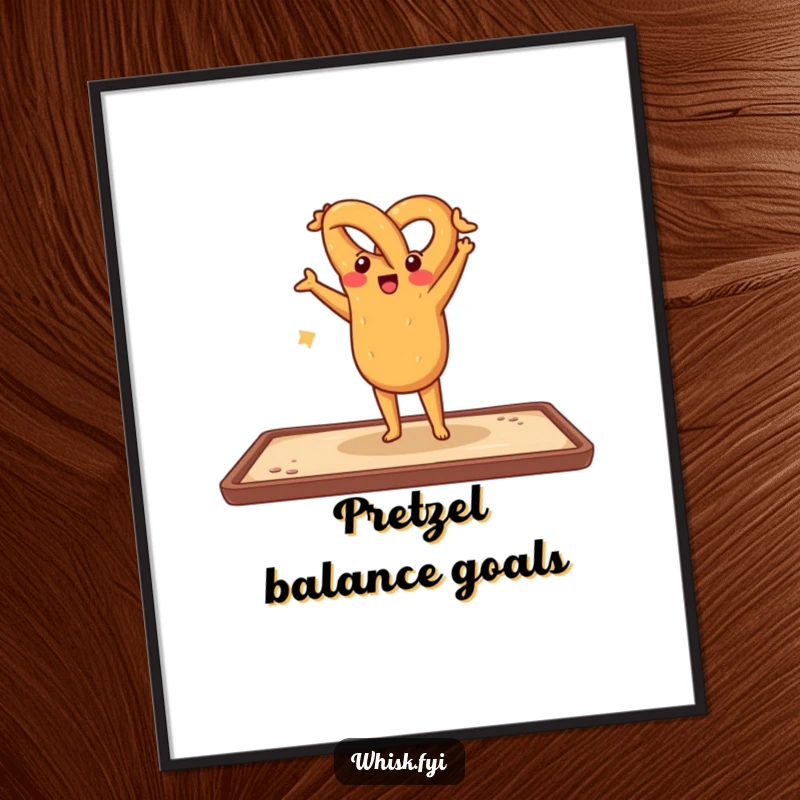 Funny digital art print of a cheerful pretzel balancing in a handstand on a baking sheet, capturing a moment of playful baking artistry.