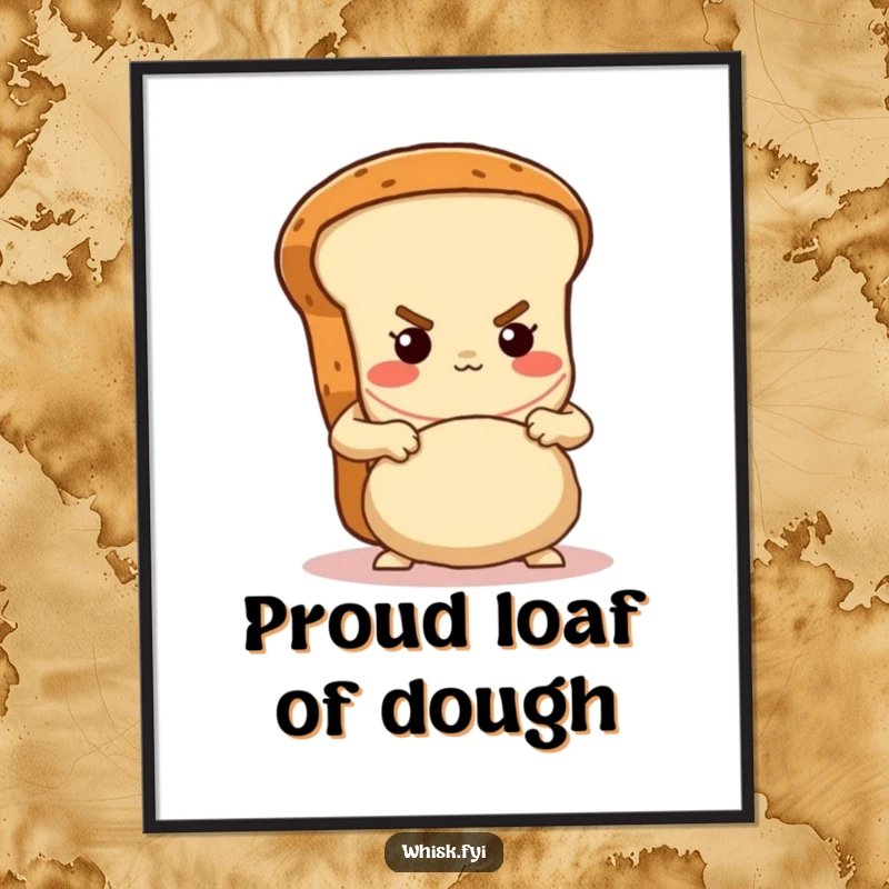 Funny determined brown bread loaf character proudly kneading dough with gusto, available as instant download digital art print.
