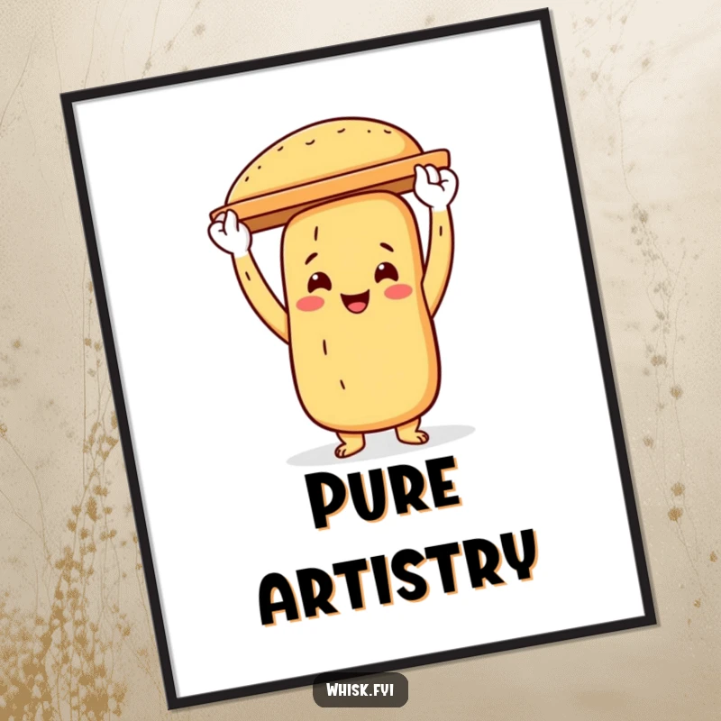 Funny baguette baker digital art print of a proud baguette character holding a baking sheet aloft, celebrating baking.