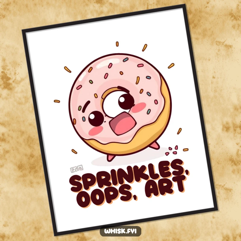 Funny digital art print of a startled doughnut character mid-trip with scattered sprinkles, offering instant downloadable comedic decor.