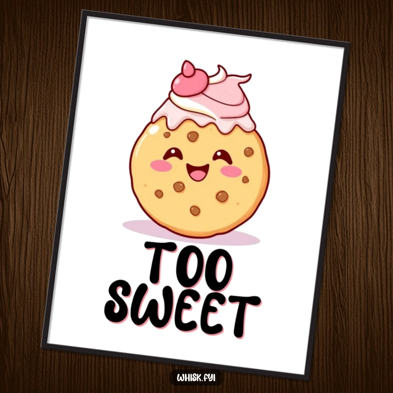 Funny kawaii cookie digital art print, gleefully icing itself with a cheerful flourish, downloadable and joyful.