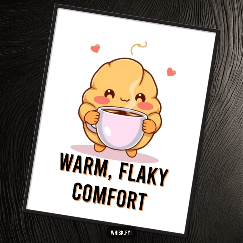 Funny digital art print of a blushing croissant character offering coffee, providing instant downloadable warmth and charming humor.