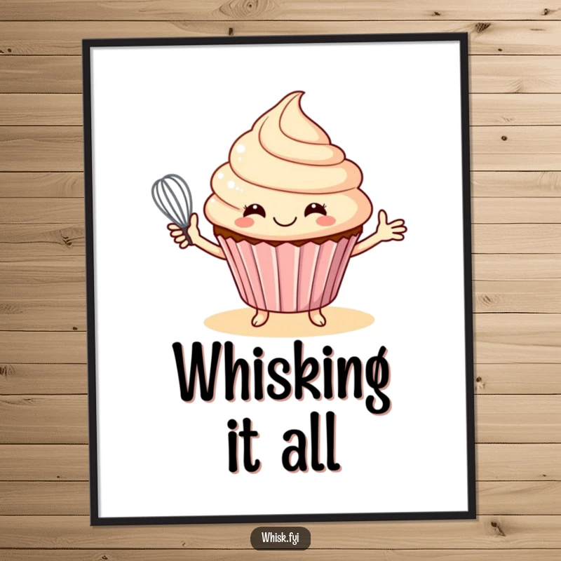 Funny digital art print of a smiling cupcake offering a whisk, perfect for instant kitchen decor and humor.