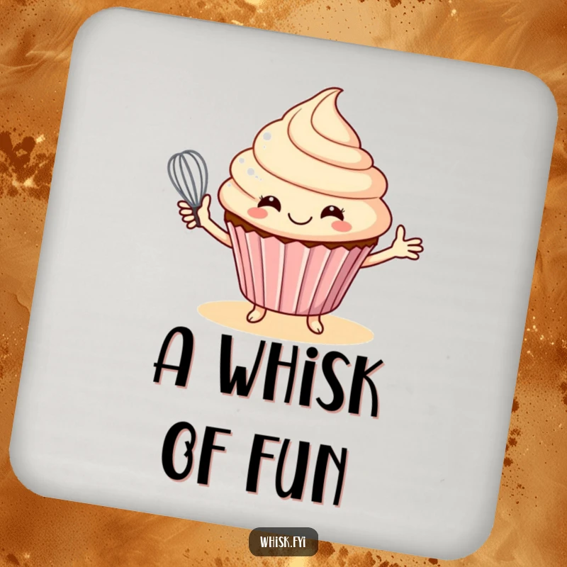 Funny drink coaster showcasing a smiling cupcake offering a whisk, adding baking charm to surface protection.